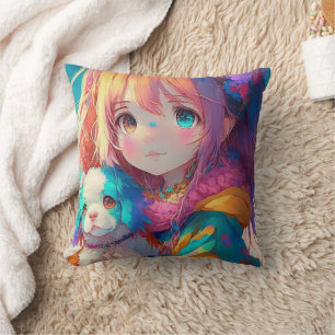 Anime-Mädchen mit Welpe Kissen
