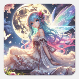 Anime-Mädchen Mond Fee Prinzessin im Garten Quadratischer Aufkleber