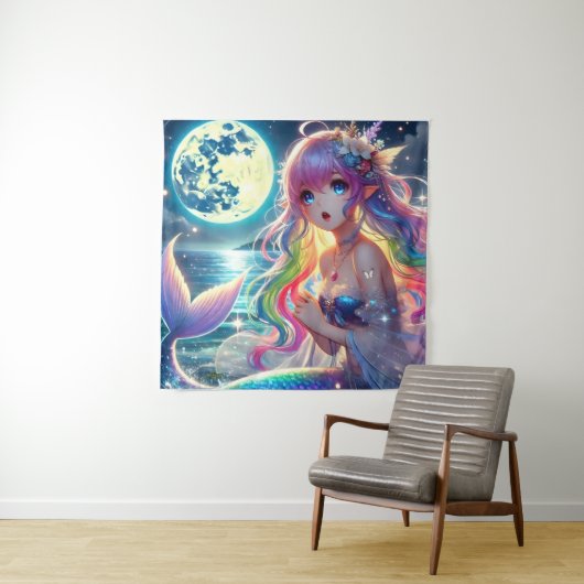 Anime-Mädchen singt Mondlicht Pixie Regenbogen Mee Wandteppich (Beispiel)