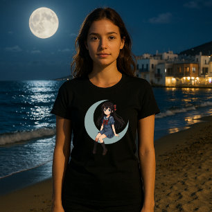 Anime-Mädchen sitzt auf einer Mondsichel T-Shirt