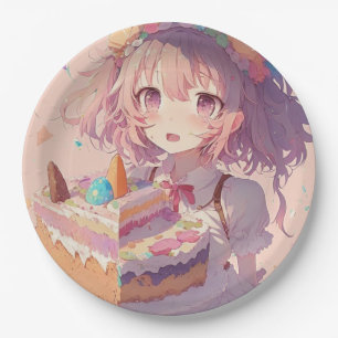Anime-Mädchen Stück Kuchen Whimsical Geburtstag Pappteller