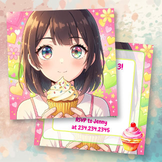 Anime-Mädchen und Cupcake Geburtstag   Einladung