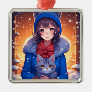 Anime-Mädchen und ein Kätzchen Winter Weihnachten Ornament Aus Metall