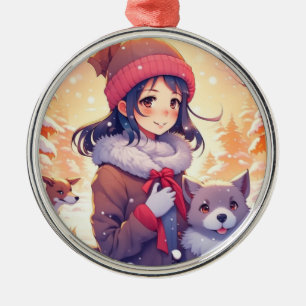Anime-Mädchen und Hunde mit Weihnachtshintergrund Ornament Aus Metall