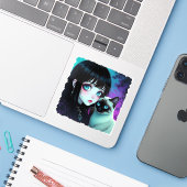 Anime-Mädchen und Siamkatze Aufkleber (Laptop mit iPhone)