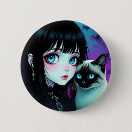 Anime-Mädchen und Siamkatze Button