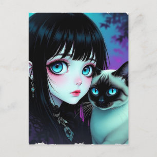  Anime-Mädchen und Siamkatze   Hallo sagen Postkarte