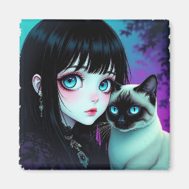 Anime-Mädchen und Siamkatze  Magnet