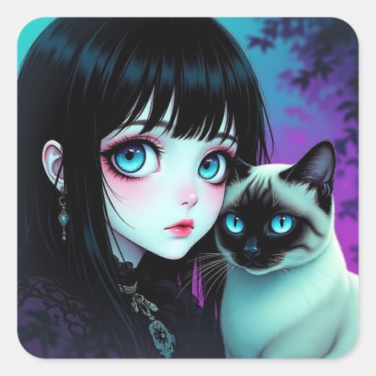  Anime-Mädchen und Siamkatze  Quadratischer Aufkleber (Vorderseite)