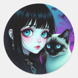  Anime-Mädchen und Siamkatze  Runder Aufkleber