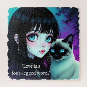 Anime-Mädchen und Siamkatzen-Zitat Puzzle