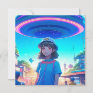Anime-Mädchen unter einem UFO in der Stadt