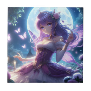 Anime-Mädchen Veilchen Schmetterlingsflügel Mond F Fliese