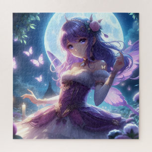 Anime-Mädchen Veilchen Schmetterlingsflügel Mond F Puzzle