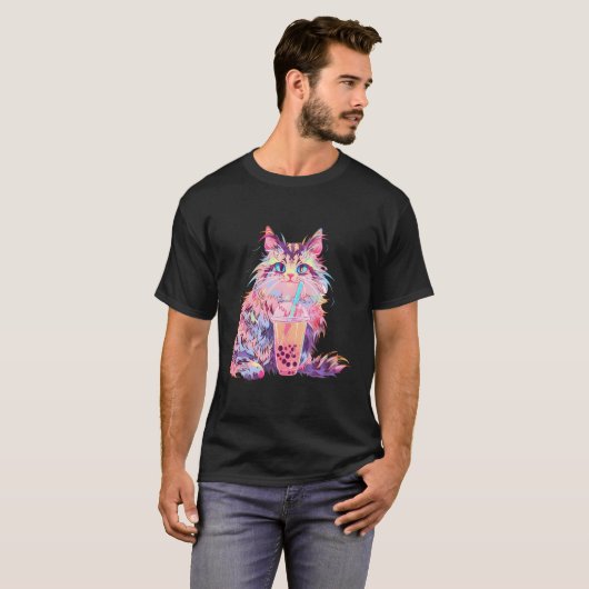 Anime Maine Coon Cat Boba Drink Kawaii Kitty Bubbl T-Shirt (Vorne ganz)