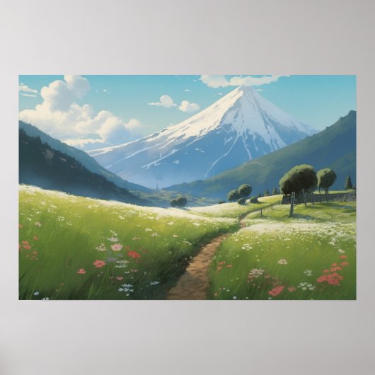 Anime-Malerei Wickelweg Wiese unterhalb des Berges Poster (Vorne)