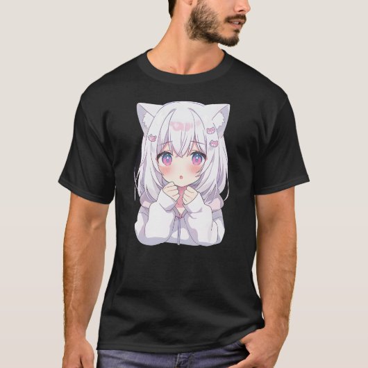 Anime Manga Graphic Tee Kawaii Cute Shy Cat Girl (Vorderseite)