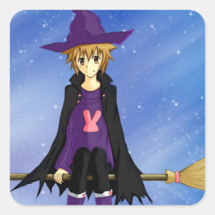 Anime-Manga-Junge mit lila Hut und Cape-Aufkleber Quadratischer Aufkleber