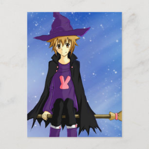 Anime-Manga-Junge mit violetter Mütze und Umhang Postkarte