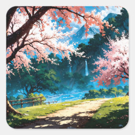 Anime natural landscape quadratischer aufkleber