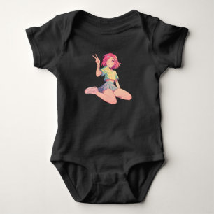 Anime Peace Sign - Niedliches rosa Haar Anime Girl Baby Strampler