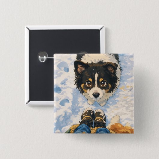 Anime Playful Dog Square Button (Vorne & Hinten)