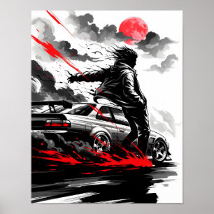 Anime Racing Drift - Sumi-e-Speed Art Poster