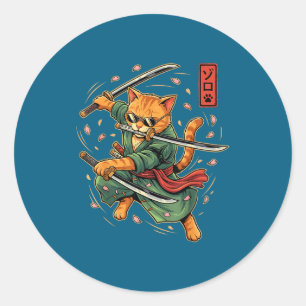 Anime Samurai-Katze Drei Schwerter japanischer Kun Runder Aufkleber
