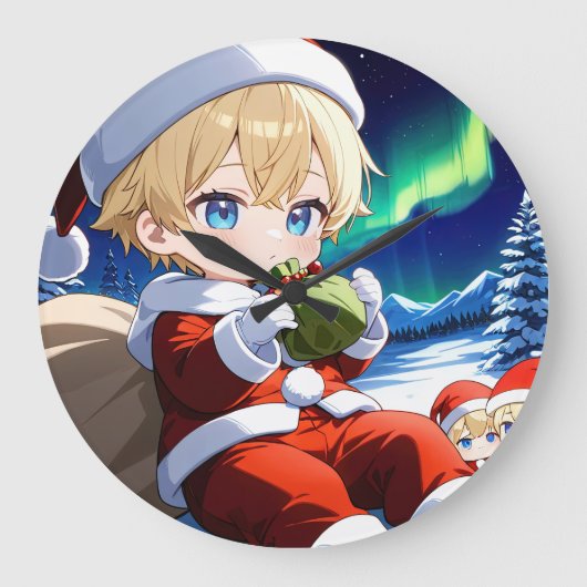 Anime Santa Boy Aurora Christmas Wall Clock Große Wanduhr (Vorderseite)
