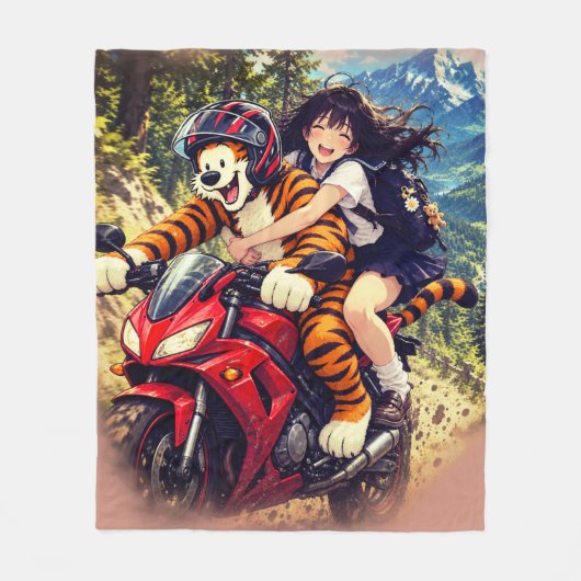 Anime-Schulmädchen und Tiger-Motorradfahrt – Fleecedecke (Vorderseite)