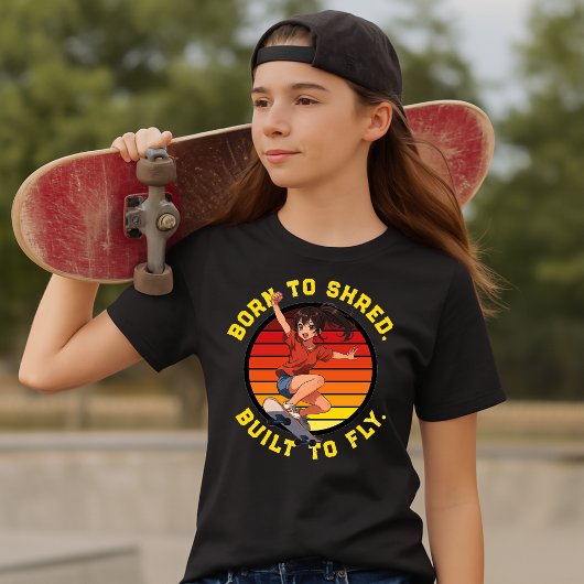 Anime Skateboarder Girl On Retro Sunset Template T-Shirt