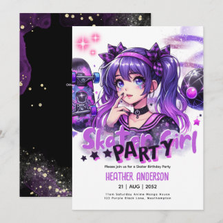 Anime Skater Girl Birthday Party Skateboarding Einladung