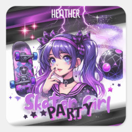 Anime Skater Girl Birthday Party Skateboarding Quadratischer Aufkleber
