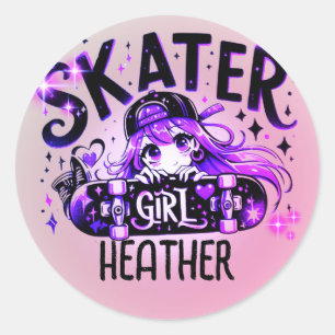 Anime Skater Girl Birthday Party Skateboarding Runder Aufkleber