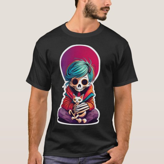 Anime Skeleton Holding a Cat Shirt Lazy Halloween (Vorderseite)