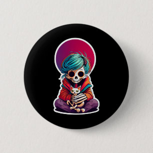 Anime Skeleton Holding a Cat Shirt Lazy Halloween Button
