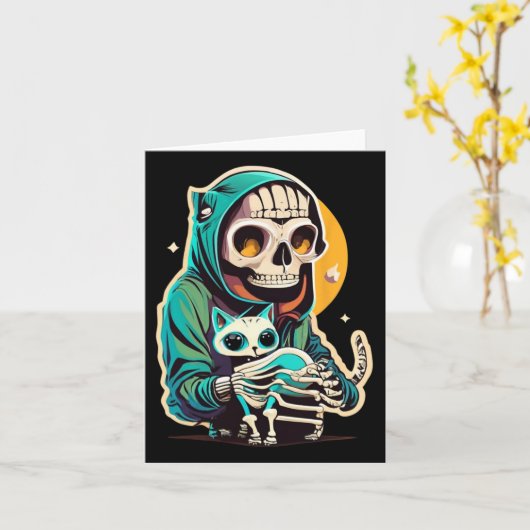 Anime Skeleton Holding a Cat Shirt Lazy Halloween Karte (Gelbe Blume)