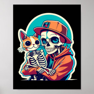 Anime Skeleton Holding a Cat Shirt Lazy Halloween Poster