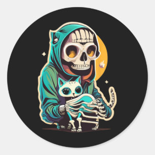 Anime Skeleton Holding a Cat Shirt Lazy Halloween Runder Aufkleber