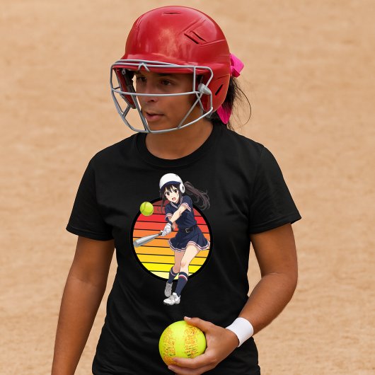 Anime Softball Girl On Retro Sunset Template T-Shirt