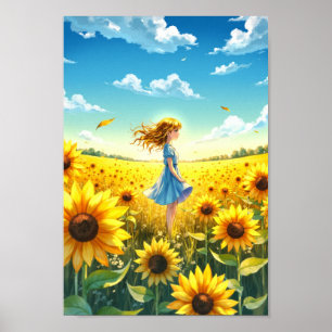 Anime-Sonnenblumenfeld-Sommer-Wandkunst Poster