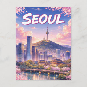 Anime-Stil Seoul Südkorea Skyline Postkarte