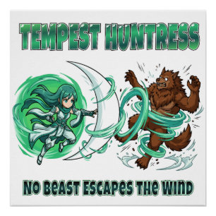 Anime-Stil Tempest-Jägerin gegen Werwolf-Wind-Schl Poster