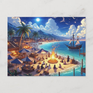Anime Style Tropical Island mit Lagerfeuer und Sch Postkarte