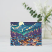 Anime Style Winter Village Snowy Night Scene Postkarte (Stehend Vorderseite)