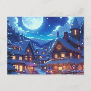 Anime Style Winter Village Snowy Night Scene Postkarte
