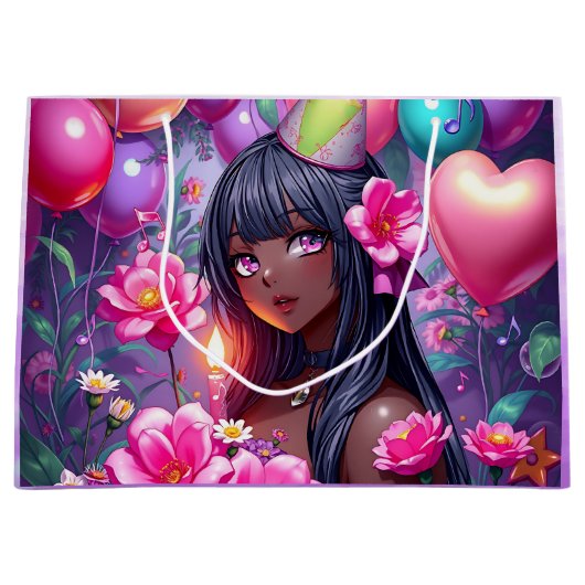 Anime Themed Birthday Girl of Color Große Geschenktüte (Vorderseite)