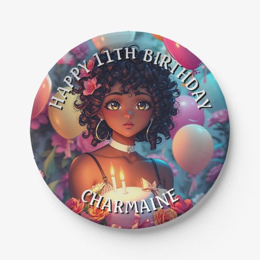 Anime Themed Birthday Girl of Color Pappteller (Vorderseite)