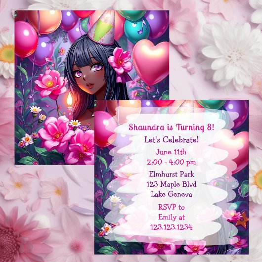 Anime Themed Birthday Girl of Color Personalisiert Einladung