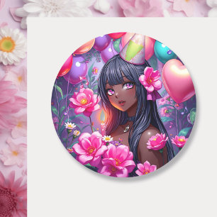 Anime Themed Birthday Girl of Color Runder Aufkleber